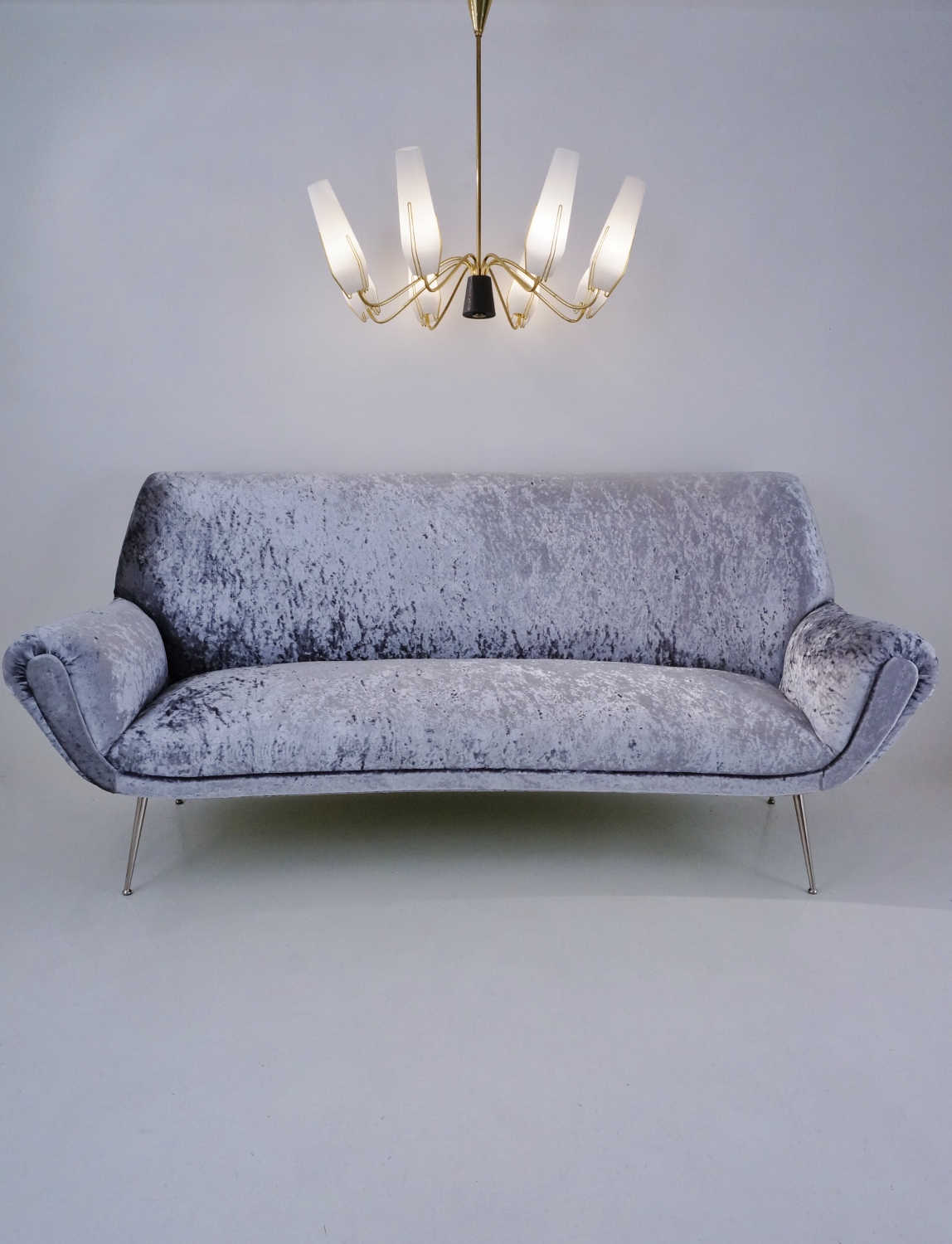 Stilnovo brass chandelier with opaline glass, 1950`s Italian